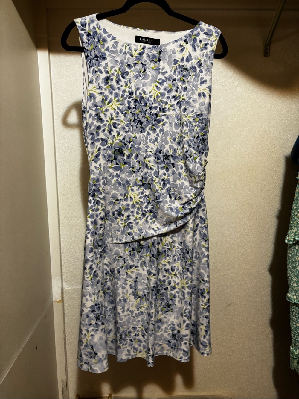 Ralph Lauren White Floral Sleeveless Sheath Dress with Blue and Yellow Print